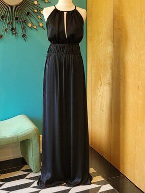 EUC! | Stunning Mango Satin Halter-Neck Maxi Goddess Dress | Black | EUR L/US M